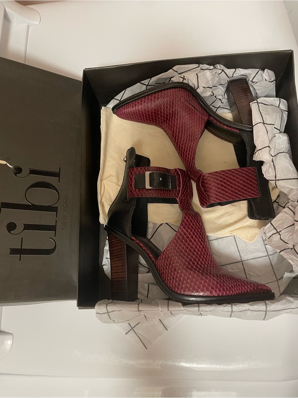 Tibi Wine Red Snake-Embossed Ankle Strap Block Heels